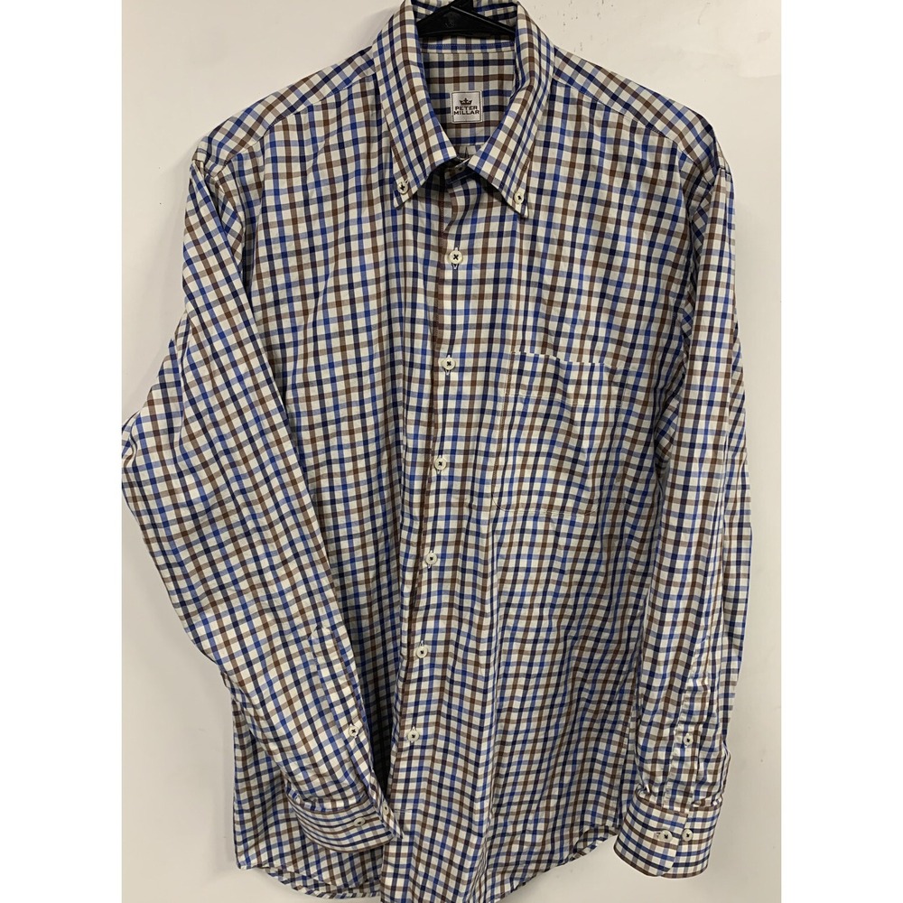 Peter Millar Brown Multicolor Cotton Plaid Long Sleeve Button Collar Shirt M
